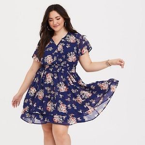 Navy Floral Smocked Chiffon Dress